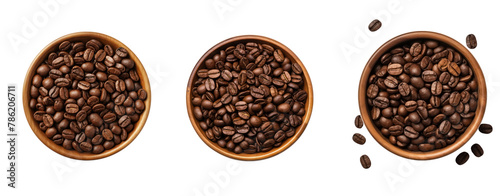 coffee beans in a wooden cup top view on white background for clipa