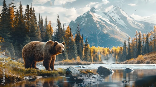 Portrait of big brown bear grizzly in the mountains with cliff and forest mountains photo