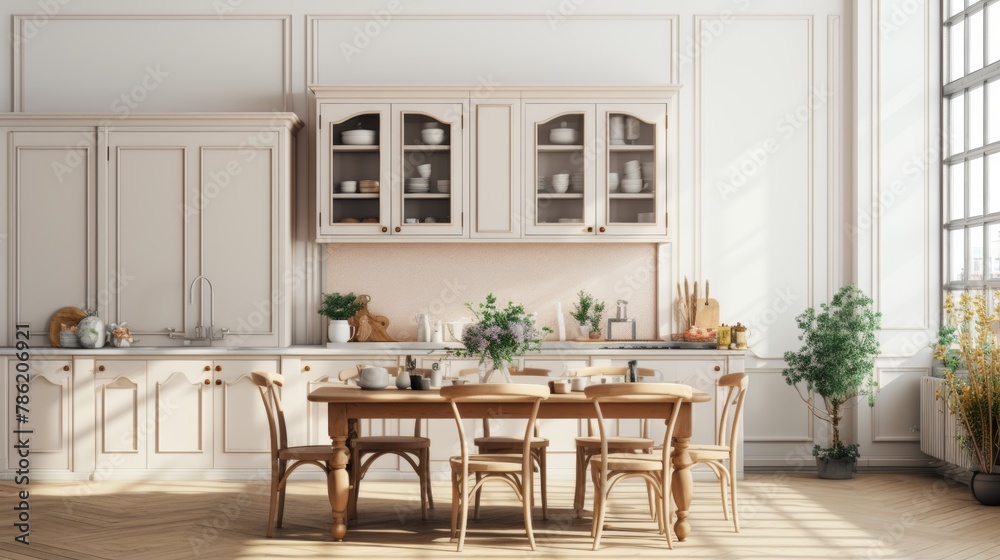 Stylish spacious kitchen with modern minimalist white decor and elegant furnishings