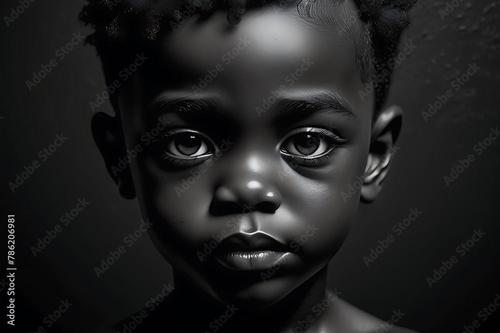 Modern Art with Black Kid Face on Luxurious Black Paper Texture Background

