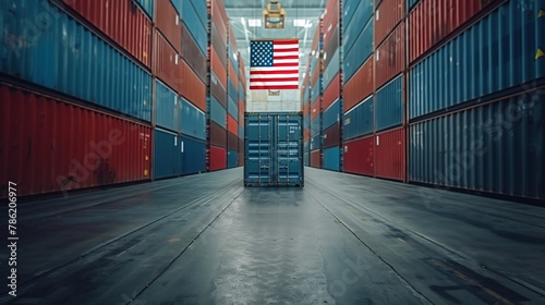 Container Terminal - Shipping Container with USA flag. 3D Rendering photo