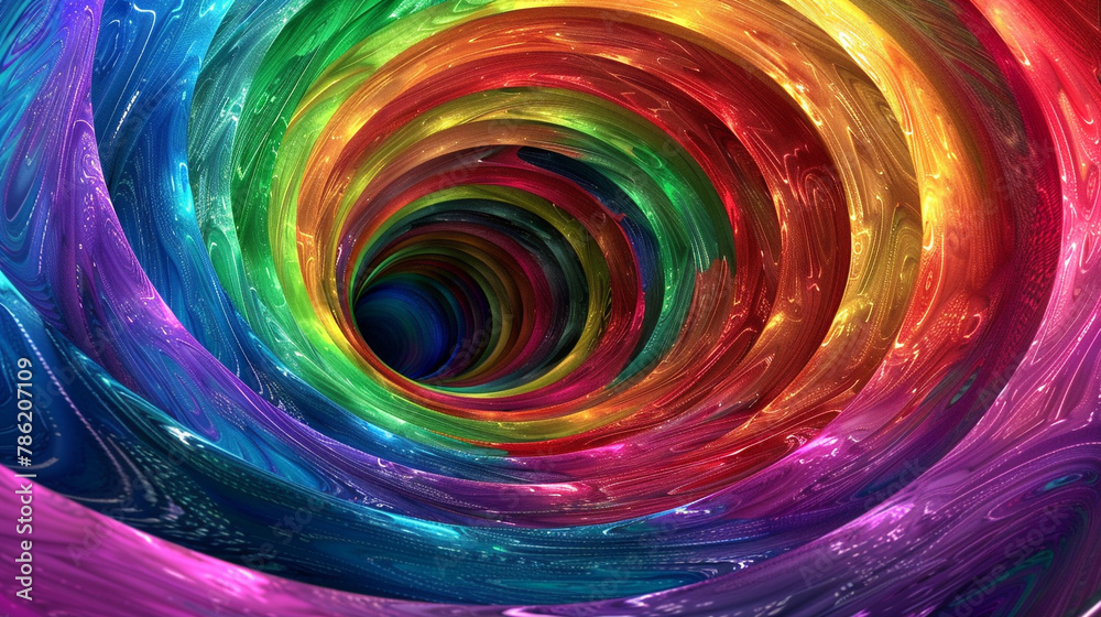 Rainbow colors twist inward in a 3D vortex, a hypnotic spiral of dynamic hues.
