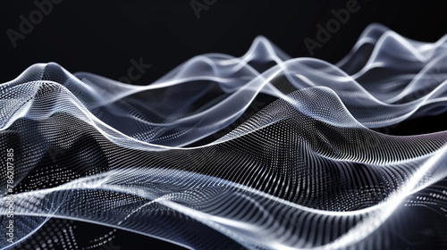 Waves of silver digital mesh on black background depict electronic communication motion.