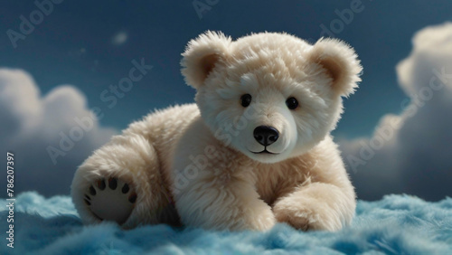 fluffy light color teady bear background in the abstract night placed on the sofa with abstract dark gradient background behind the fluffy lovely friendly romantic teady bear 