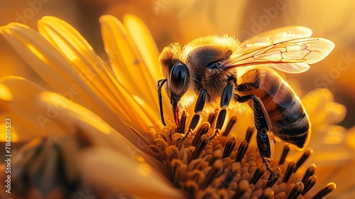 macro photography of a bee on a sun flower, ultra realistic, hazzy, sharp, soft filter, warm color photo