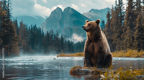 Closeup portrait of big brown bear grizzly in the mountains with cliff and forest mountain background.
