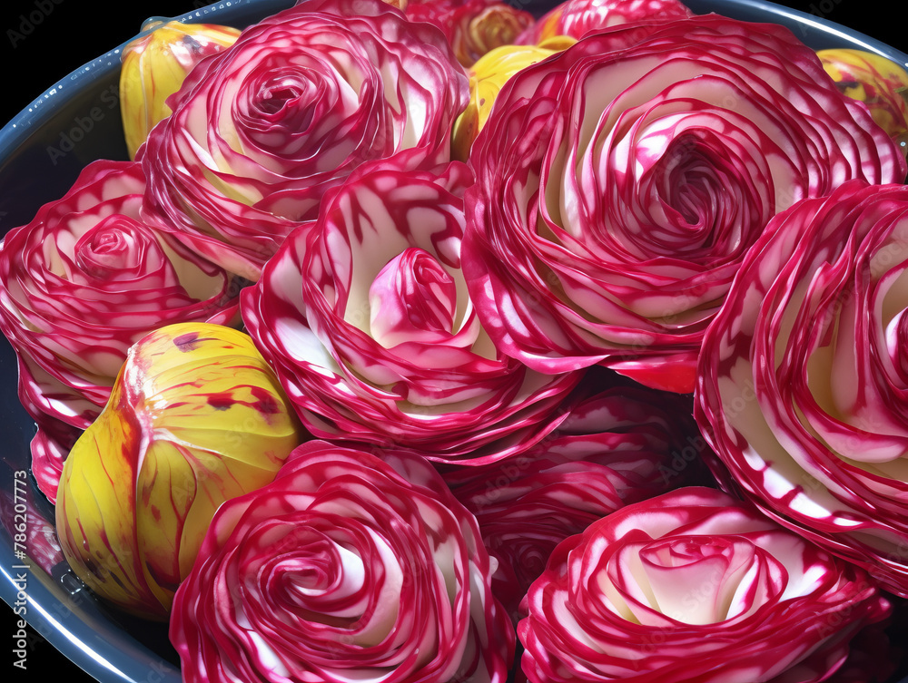 Fototapeta premium A bowl of red and white cabbage roses.