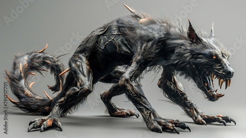 a black werewolf with sharp teeth is standing on a gray surface