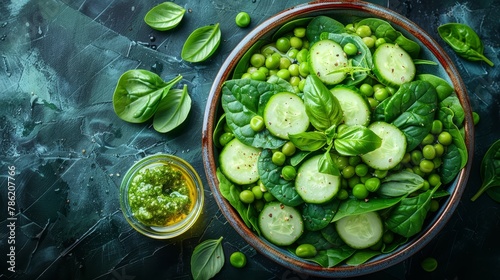  A table holds a bowl filled with cucumbers and spinach, nearby rests a small glass of green pesto