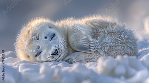   A baby seal naps atop a snowdrift, eyes closed, head atop piles of white, fluffy snow