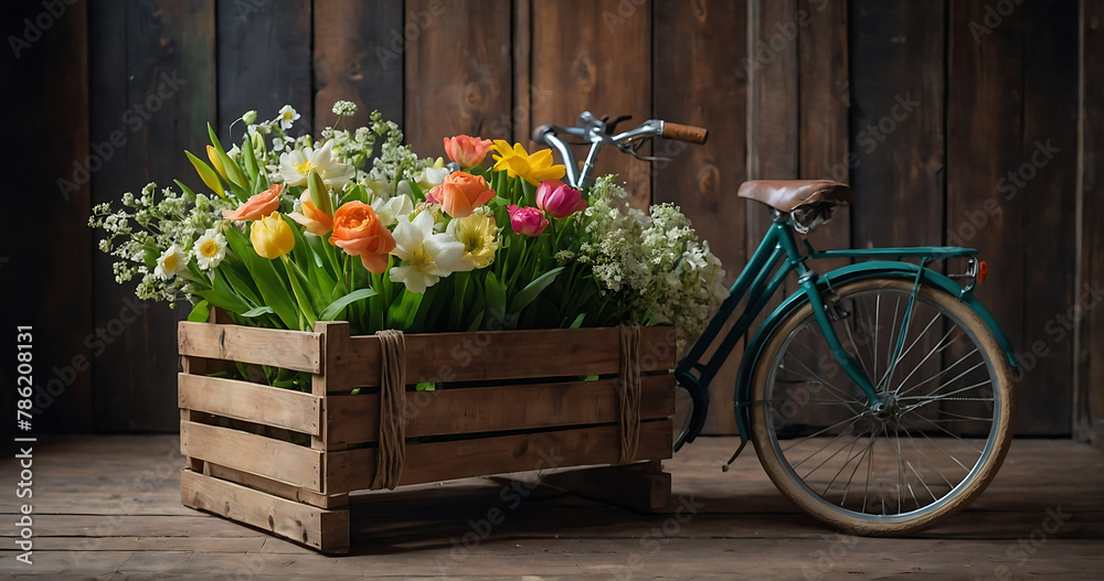 Vintage bicycle with flowers in basket, Florist or spring bloom with copy space
