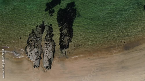 sandy beach, clear sea and rocks - Camas an Lighe - Scotland - aerial photo