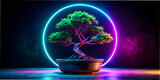 a pot with bonsai stands on a black background neon AI generation, design, wallpaper, desktop wallpaper, abstraction,  rectangles, shapes, shapes, vivid images, minimalism,