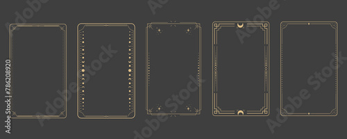 Line golden frame, celestiam minimal esoteric border, mystyc linear decoration with dots, corners isolated on dark background. Geometric shape, tarrot 