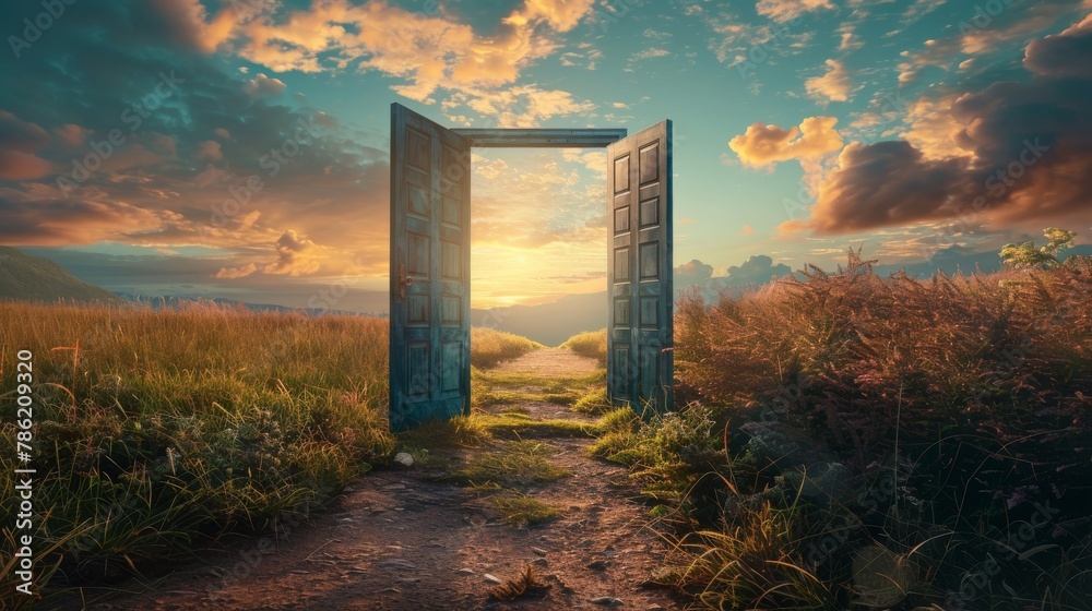 An image of a doorway leading to a world where clean energy technologies and sustainable transportation solutions drive progress towards a carbon-neutral future - obrazy, fototapety, plakaty 