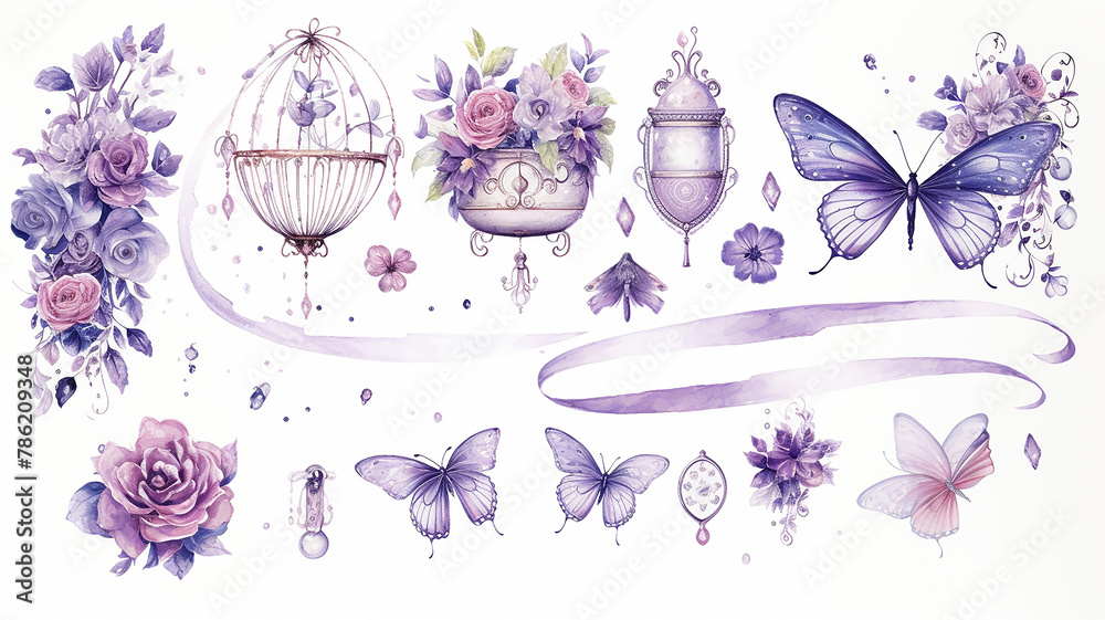 Obraz premium set collection of purple delicate accessories of a fairy princess watercolor drawing isolated on a white background soft lavender color