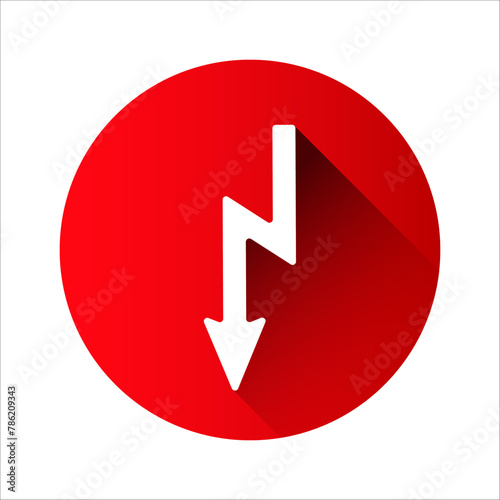 Voltage arrow in a red circle with shadow. Vector illustration isolated on white background