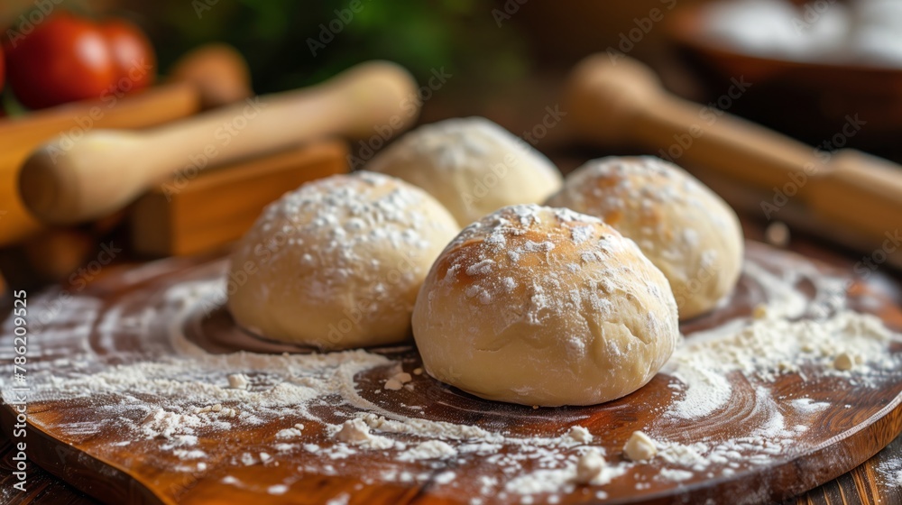 Four dough balls on a floured cutting board, staple food in making baked goods