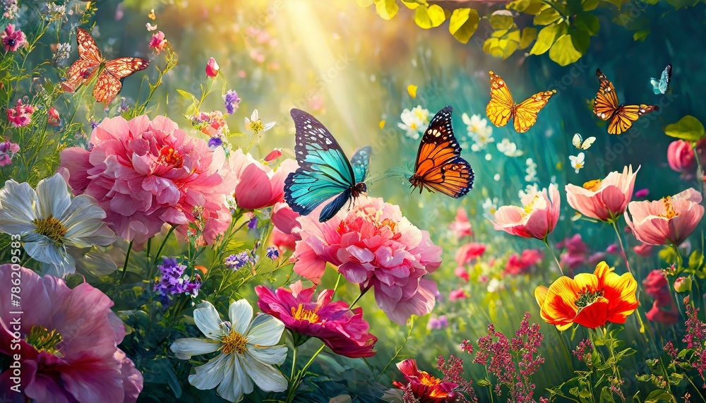 Num jardim exuberante, flores desabrocham em cores vibrantes sob os raios do sol, enquanto borboletas dançam no ar. 
