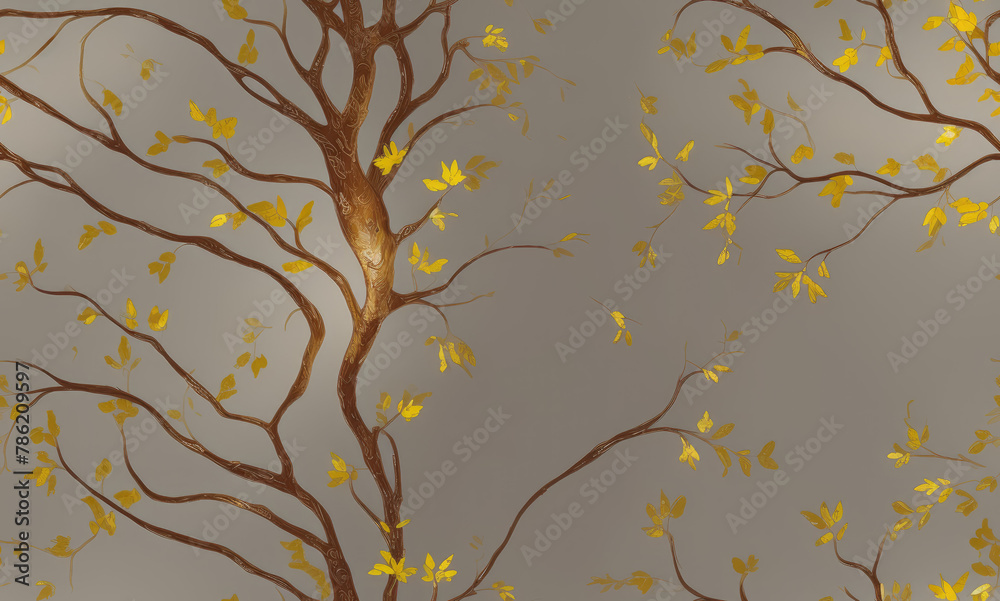 Tree branches with yellow leaves. Abstract seamless pattern. AI generated.