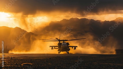 A dramatic scene as the Apache takes off from a military base, dust and debris swirling around it, the sun setting behind the mountains creating a silhouette that speaks to its formidable nature.
