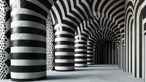 A series of arches with striped and dotted fills  in monochrome.