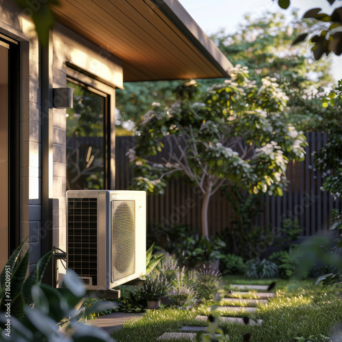 A white air conditioner is mounted on the side of a house © tope007