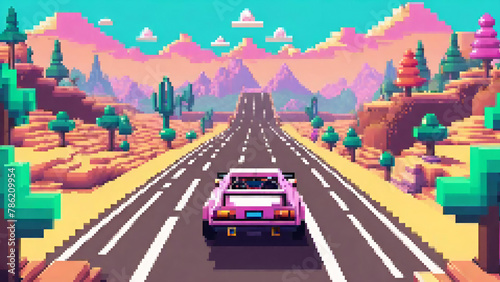 Retro style pseudo 3D racing game background photo