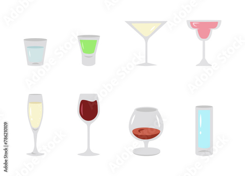 Drinks icons set. Cocktails glass. Flat alcoholic beverages. Set glass, whiskey, wine, gin, rum, tequila, cognac, champagne, cocktail, grog.