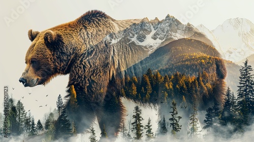 Grizzly bear double exposure design with mountain forest nature background