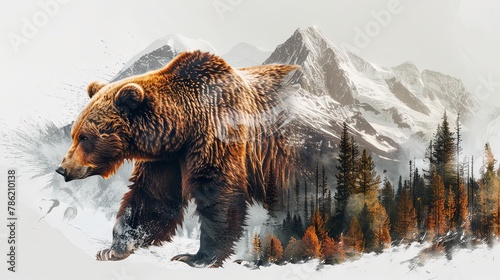 Grizzly bear double exposure design with mountain forest nature background