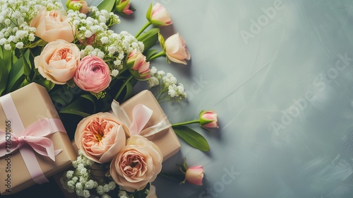 Gift box with a bouquet of flowers in pastel colors on a textured blue (gray) background. English rose, pink, postcard with copy space. Congratulatory concept. 