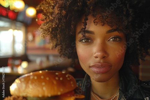 Happy woman with afro hairstyle enjoying a delicious hamburger snack in front of her