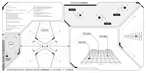 VR HUD futuristic control panel. Technology head up display target and UI command center screen. GUI digital virtual reality interface hi tech visor template. FUI Sci Fi spaceship cockpit dashboard