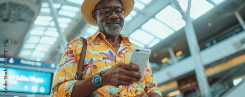 happy man in bright comfy summer clothes and headphones in the airport using smartphone. ai generated © dark_blade