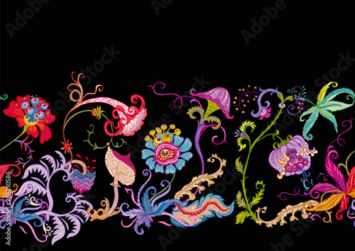 Fantasy, alien hypnotic flowers, decorative flowers and leaves. Cartoon style. Millefleurs trendy floral design. Seamless pattern, background. Outline hand drawing vector illustration.