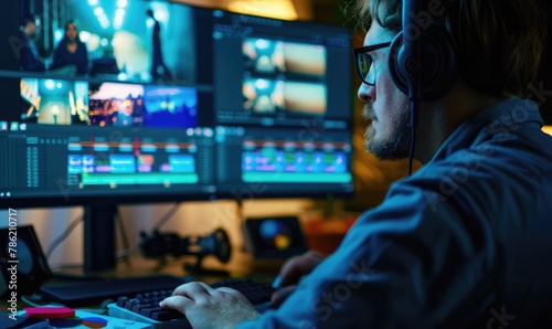 Man editing video on computer in home studio