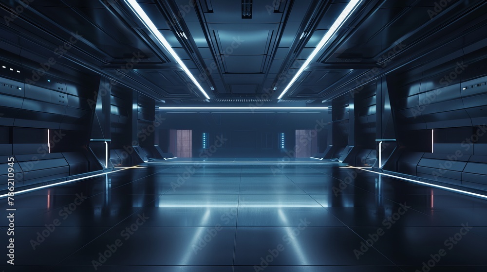 An empty, dark room presents a modern, futuristic Sci-Fi background through a 3D illustration