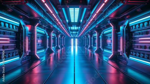 An empty  dark room presents a modern  futuristic Sci-Fi background through a 3D illustration