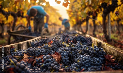 Harvest workers picking grapes in vineyard