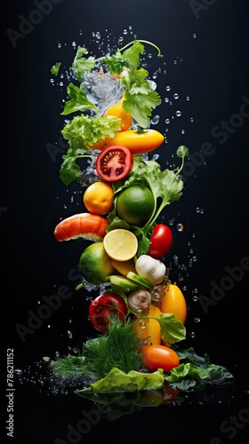 Beautiful vegetables and herbs falling with splashes into the water. On a dark background.