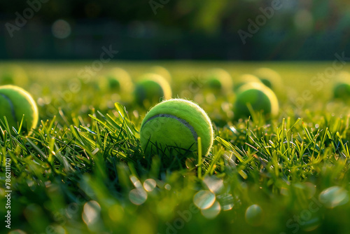 Tennis balls lying in the green grass illuminated by the rays of the evening or morning sun. Side view.