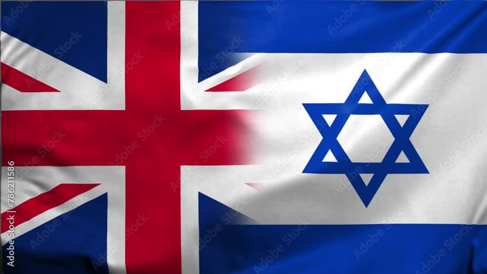 Waving Combined Israel and UK Flag Video Background. Realistic Slow Motion Animation. 4K Loop Motion Graphics. Concept of Tension, Unity, Peace, and Relationship between UK and Israel. Waving Combined Israel and UK Flag Video Background. Realistic Slow Motion Animation. 4K Loop Motion Graphics. Concept of Tension, Unity, Peace, and Relationship between UK and Israel.