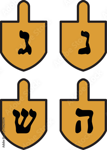 Four sides of a dreidel (sevivon, spinning top) with Hebrew letters traditionally used during the Jewish holiday of Hanukkah. Vector, ai, eps
