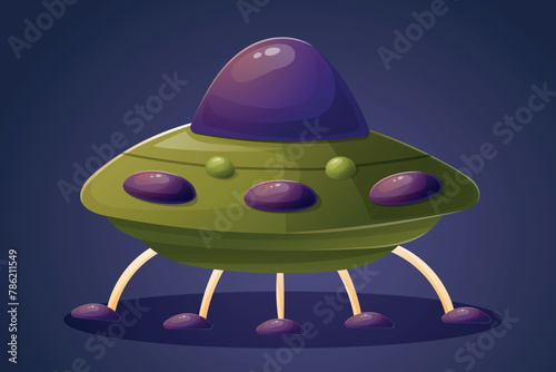 A funny green round flying saucer spaceship with legs. Aliens from space, UFOs. Vector isolated cartoon illustration.