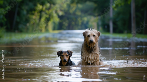 Two stranded dogs in the flood water