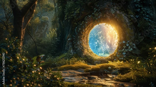 An artistic depiction of a doorway leading to a realm where renewable energy and conservation efforts go hand in hand