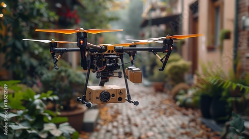 A drone is flying over a cobblestone street carrying a box