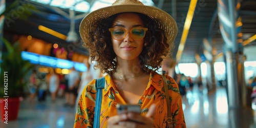 happy woman in bright comfy summer clothes in the airport using smartphone. ai generated