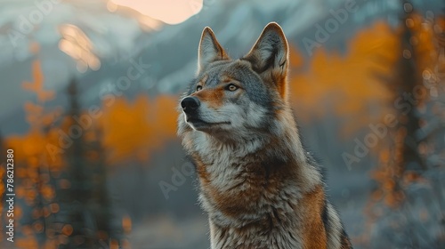 Grey wolf portrait nature landscape with mountains and forest